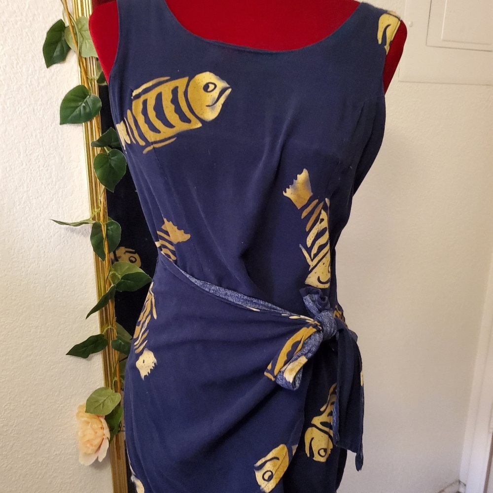 90s Hawaiian Rayon Fish Print Summer Dress